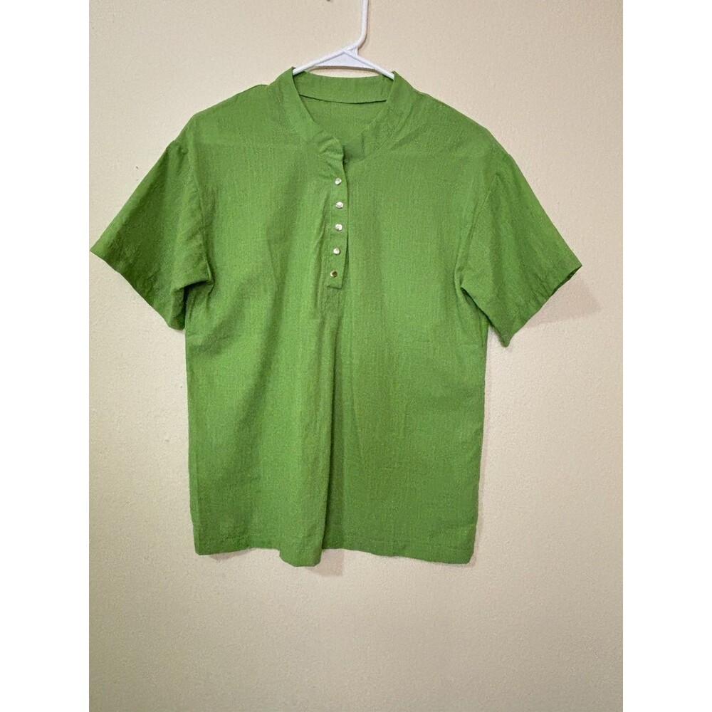 Green 100% Cotton Short Sleeve Henley Blouse / Casual Summer Top Size S